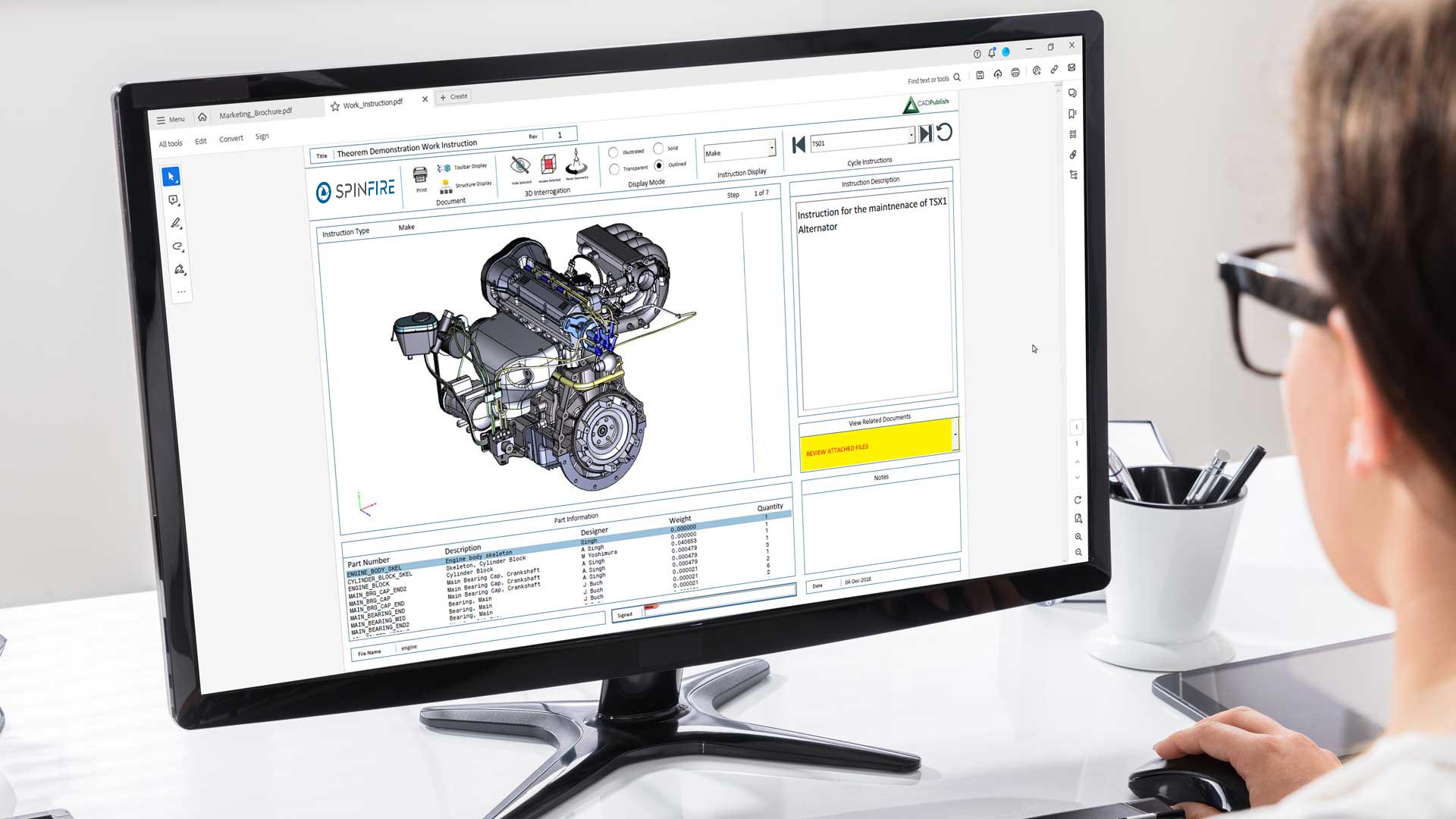 Engineer interacting with a work instructions 3D PDF template generated using SpinFire Convert