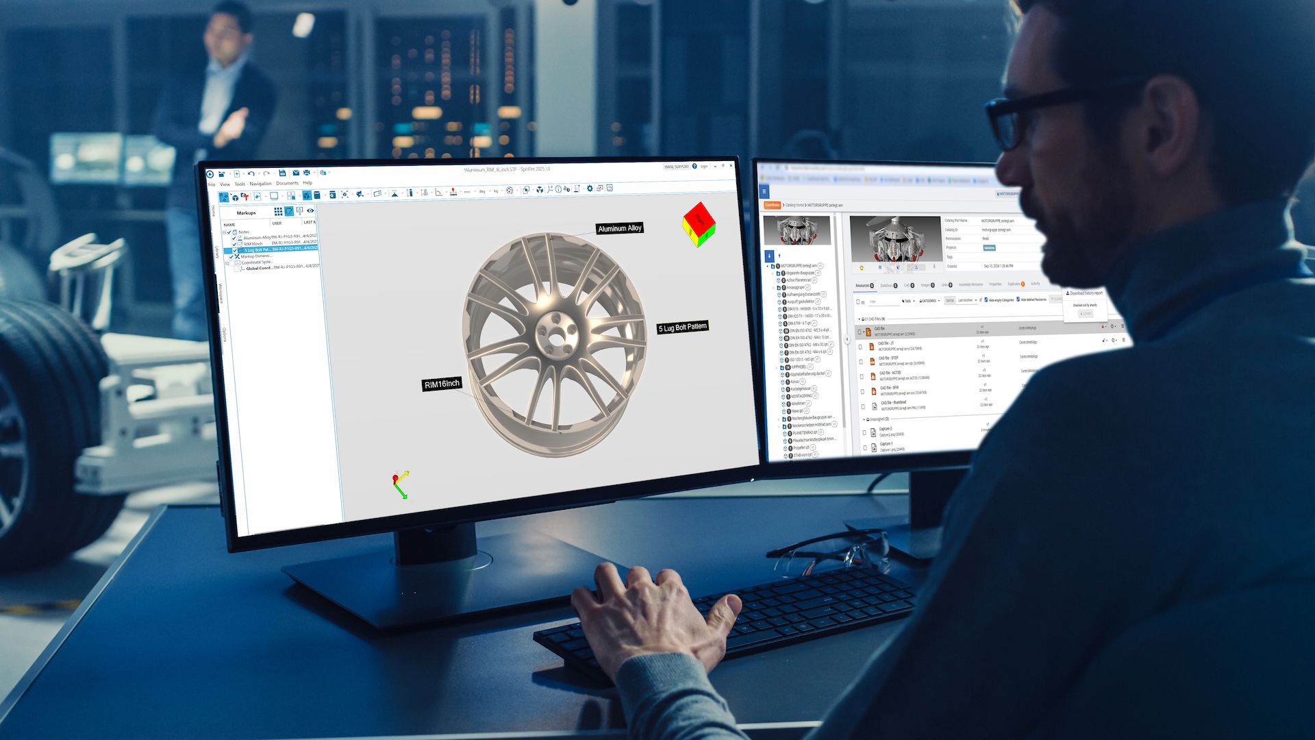 An engineer using SpinFire Insight on a monitor in a modern office.