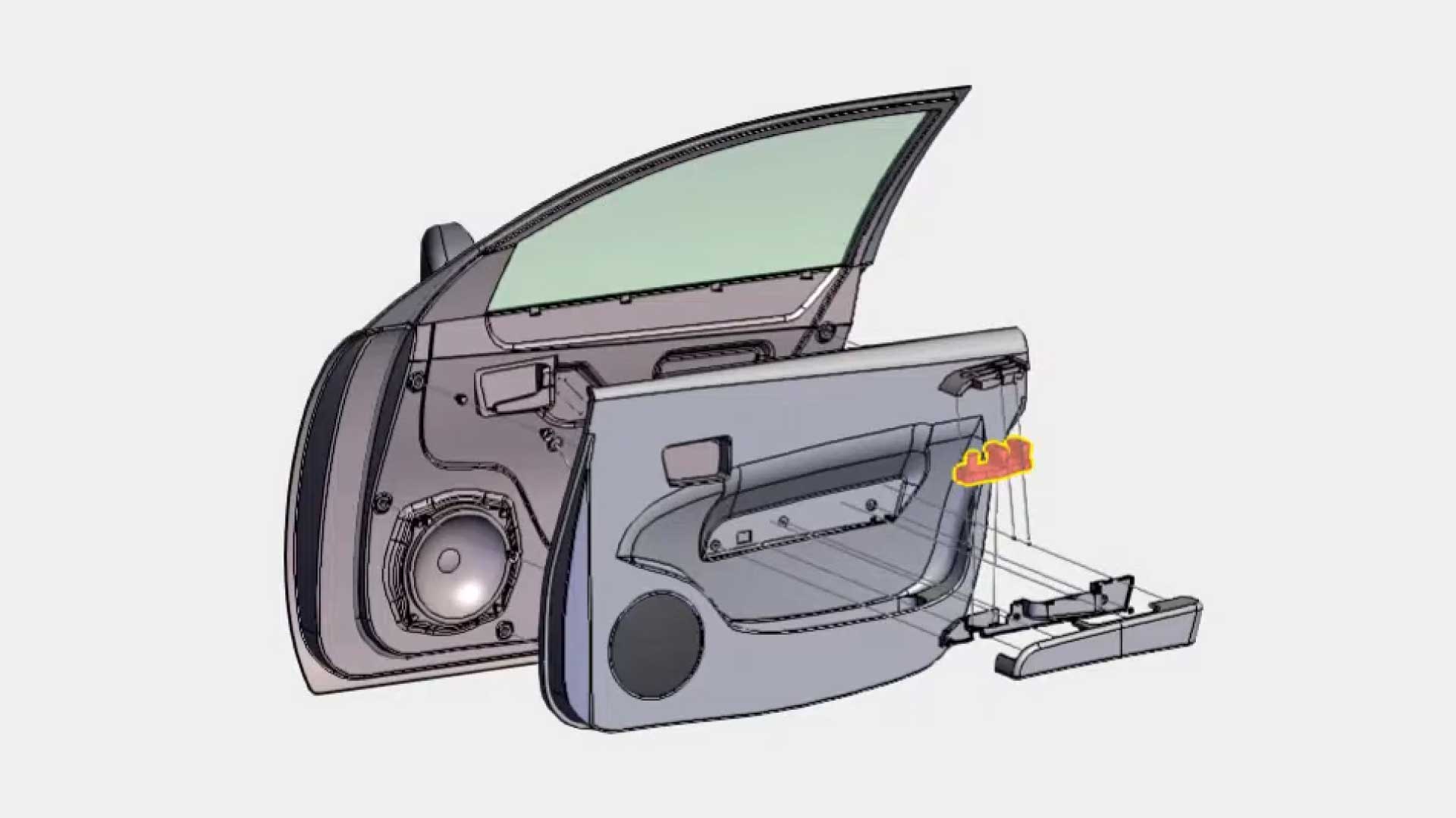 A 3D model of a car door with individual animated parts