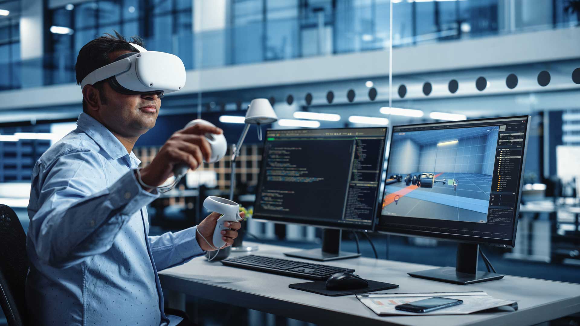 Engineer using VR headset in the Engineering Metaverse to visualize aero engine parts