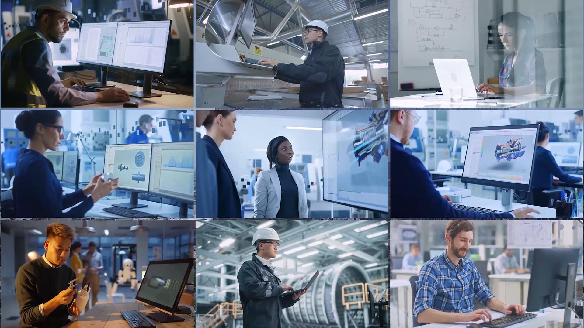 Collage of diverse engineers and designers working with computers and machinery in modern industrial settings.