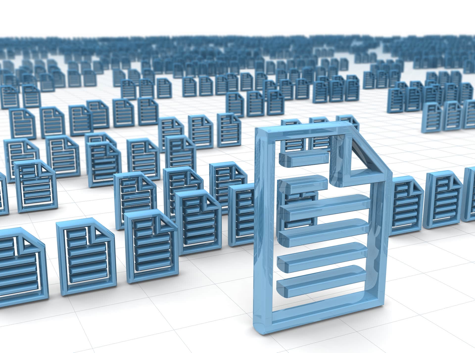 A 3D grid of blue, transparent file icons
