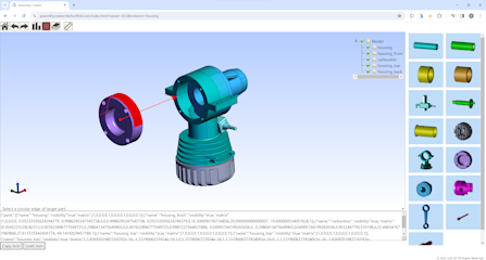 Tech Soft 3D modelling software interface showing a mechanical component assembly with a blue background and a component selection panel on the right.
