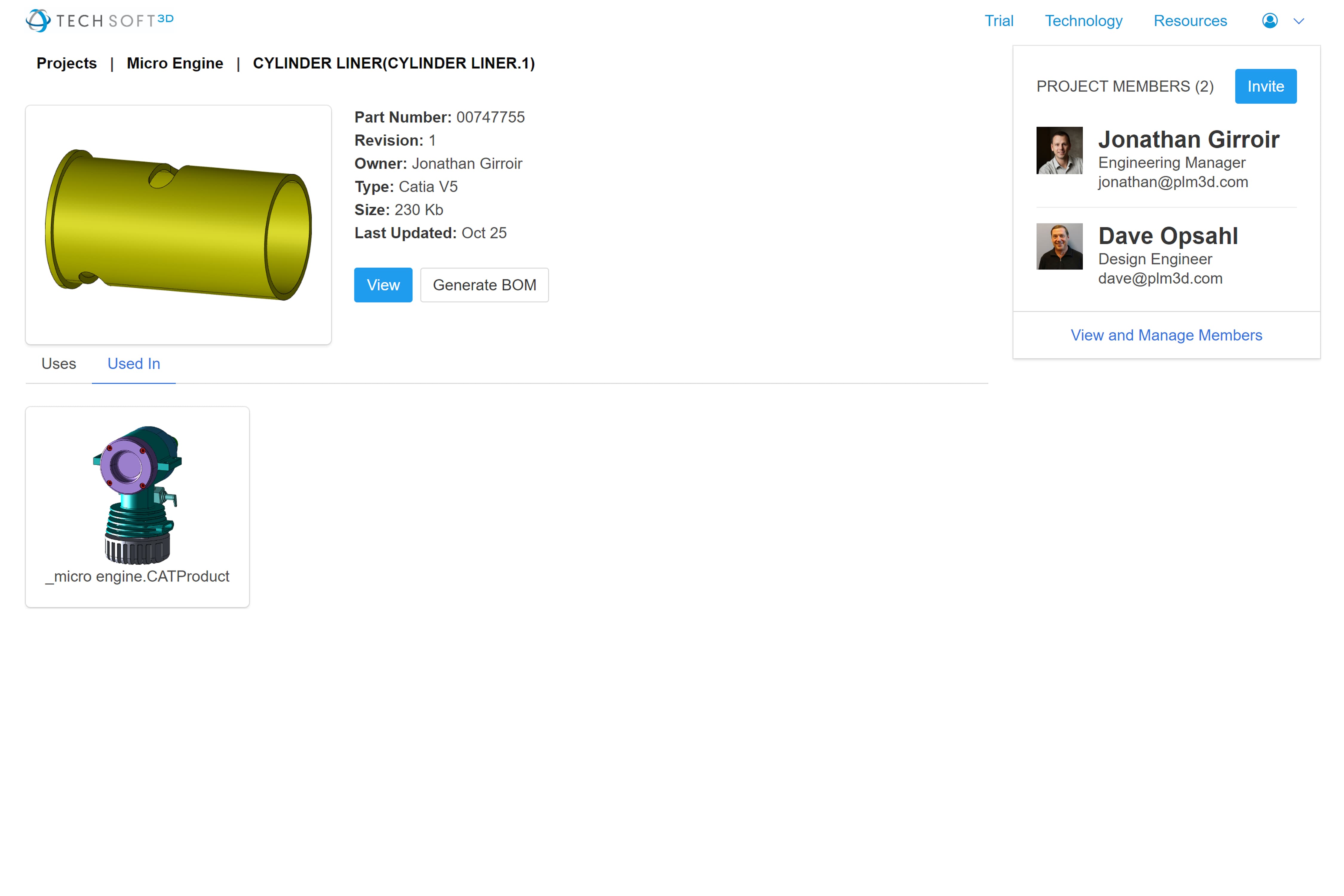 Screenshot of a PLM system showcasing 3D parts with revision number, size, and project members.