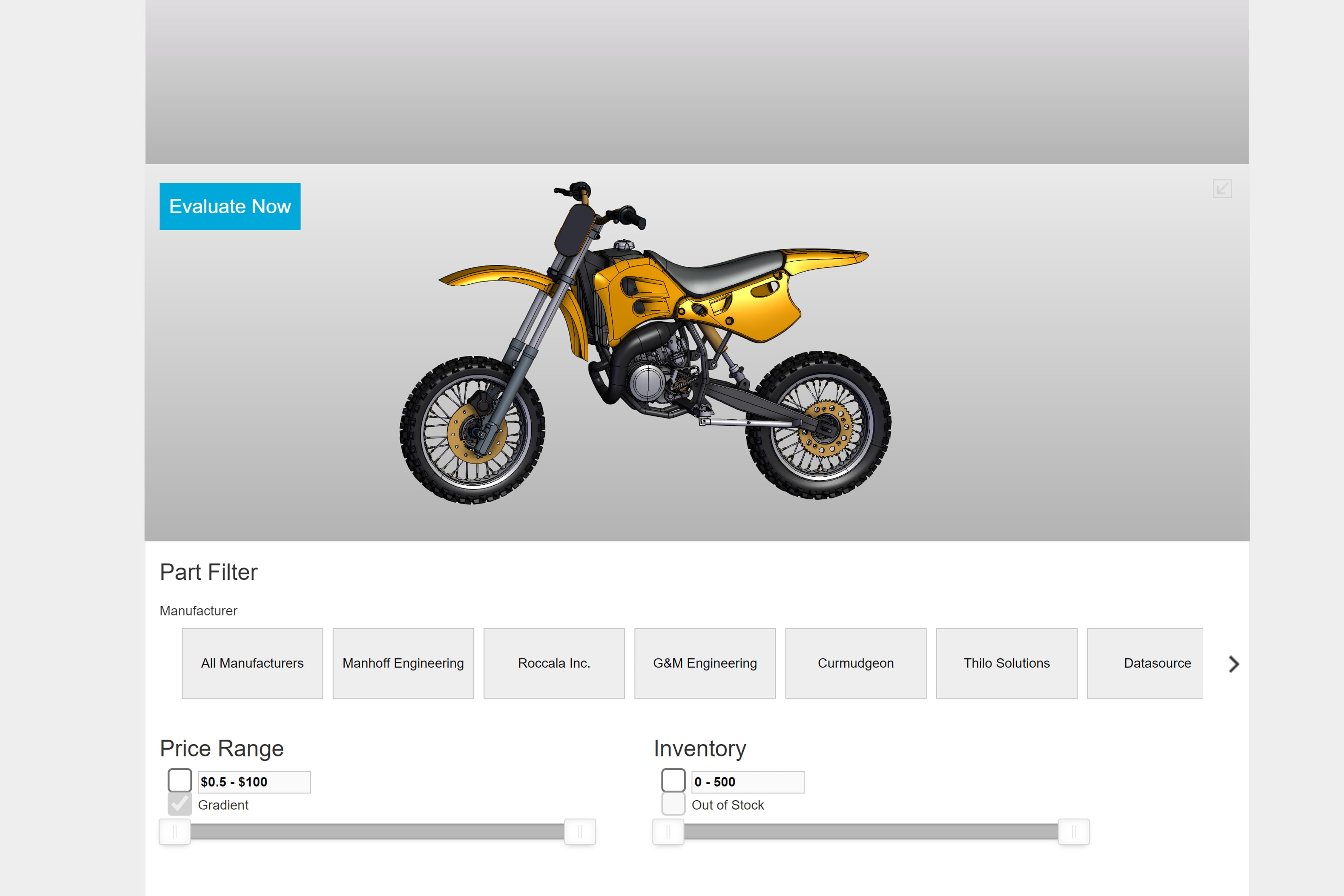A 3D motorcycle model in a manufacturing demo application with parts filter