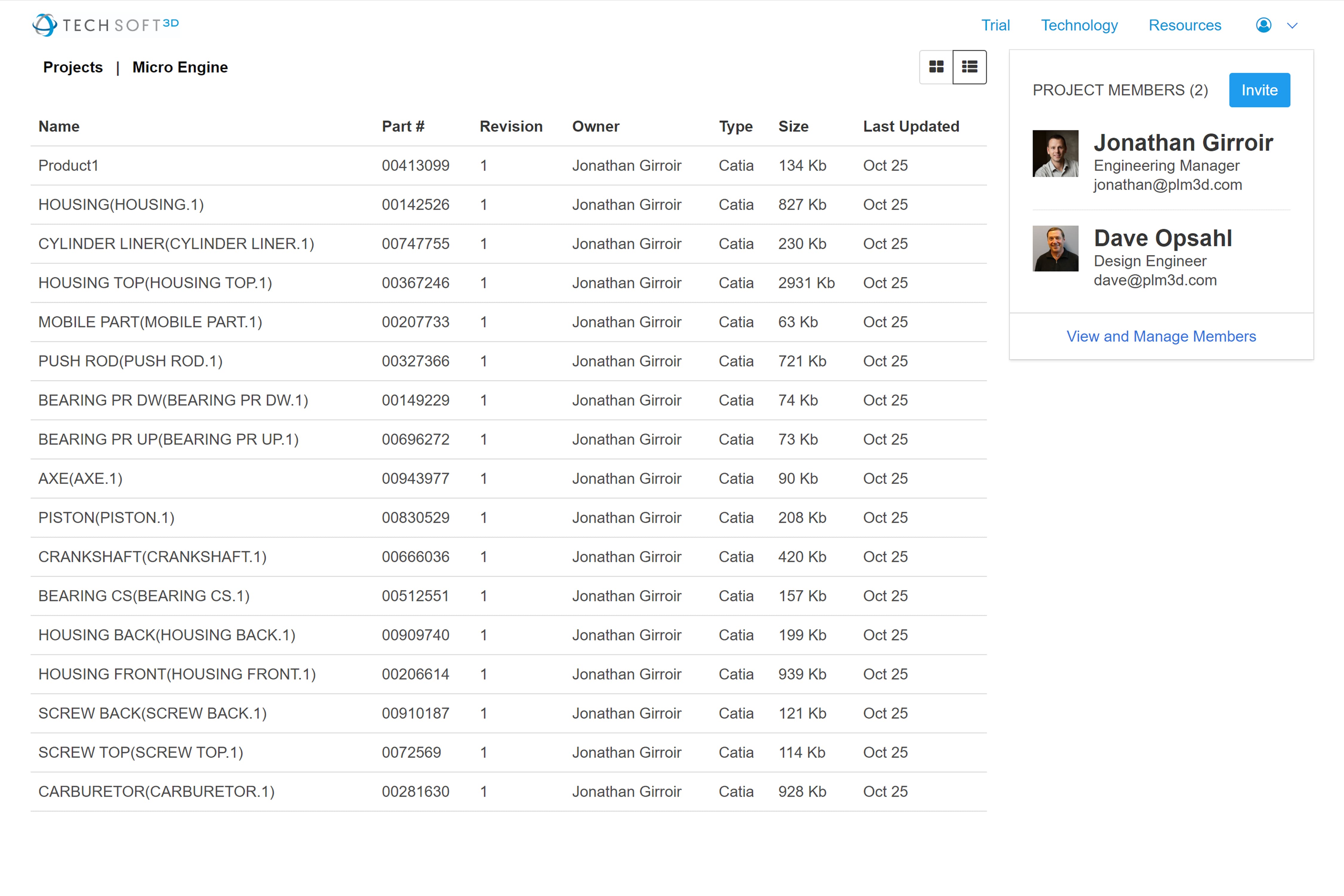 Screenshot of a PLM system with multiple parts, revisions, and more.