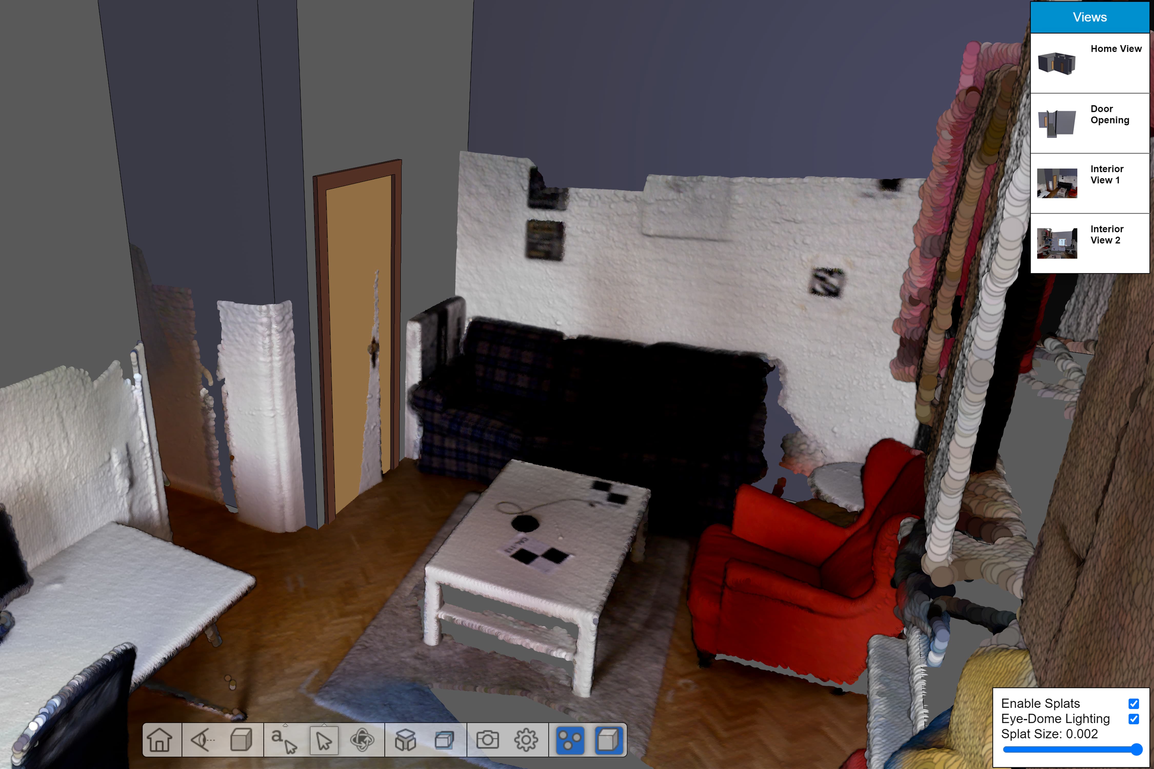 A 3D model of an office in perspective with point cloud functionality