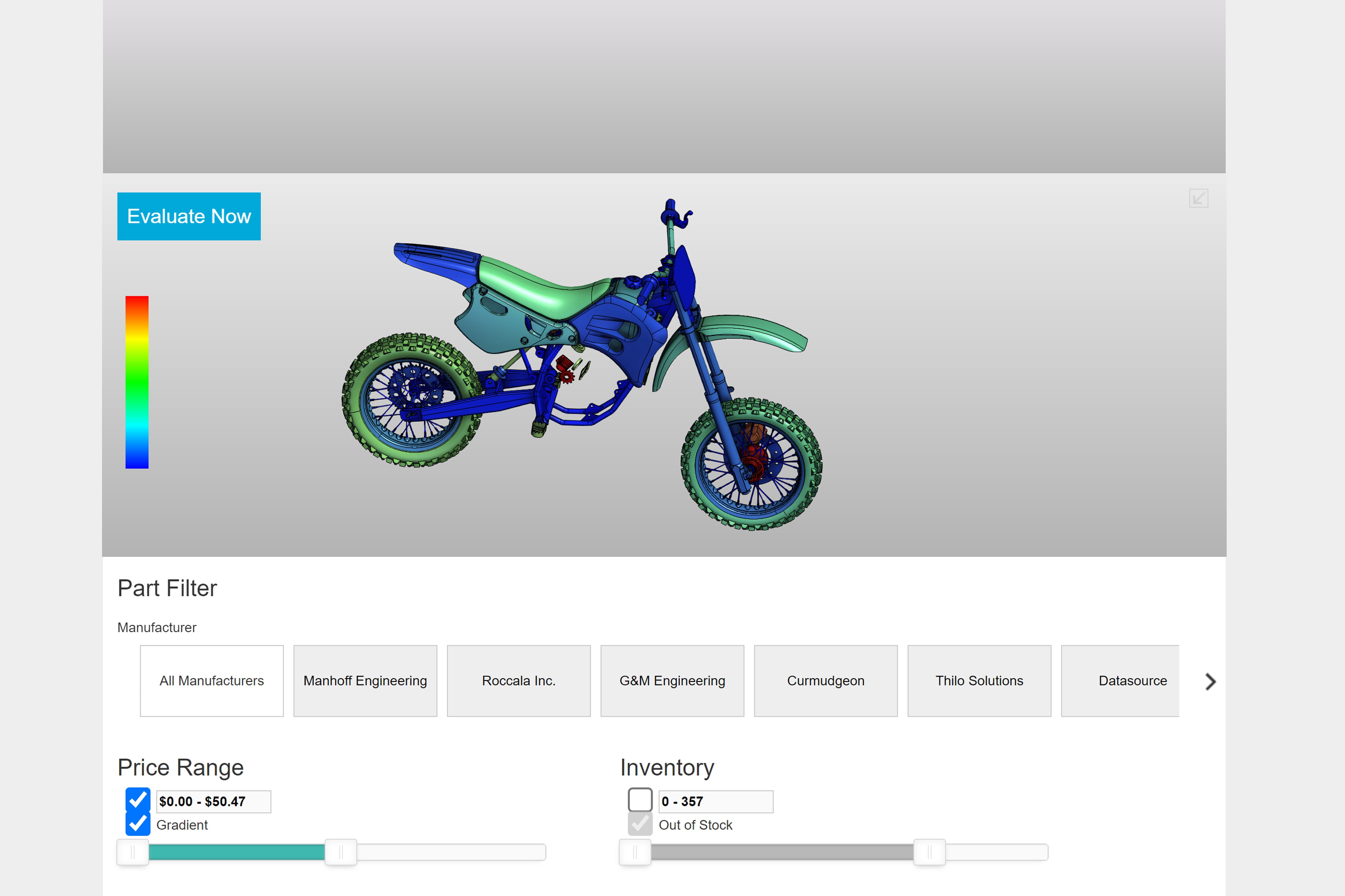 Screenshot of a manufacturing application displaying a green and blue bike