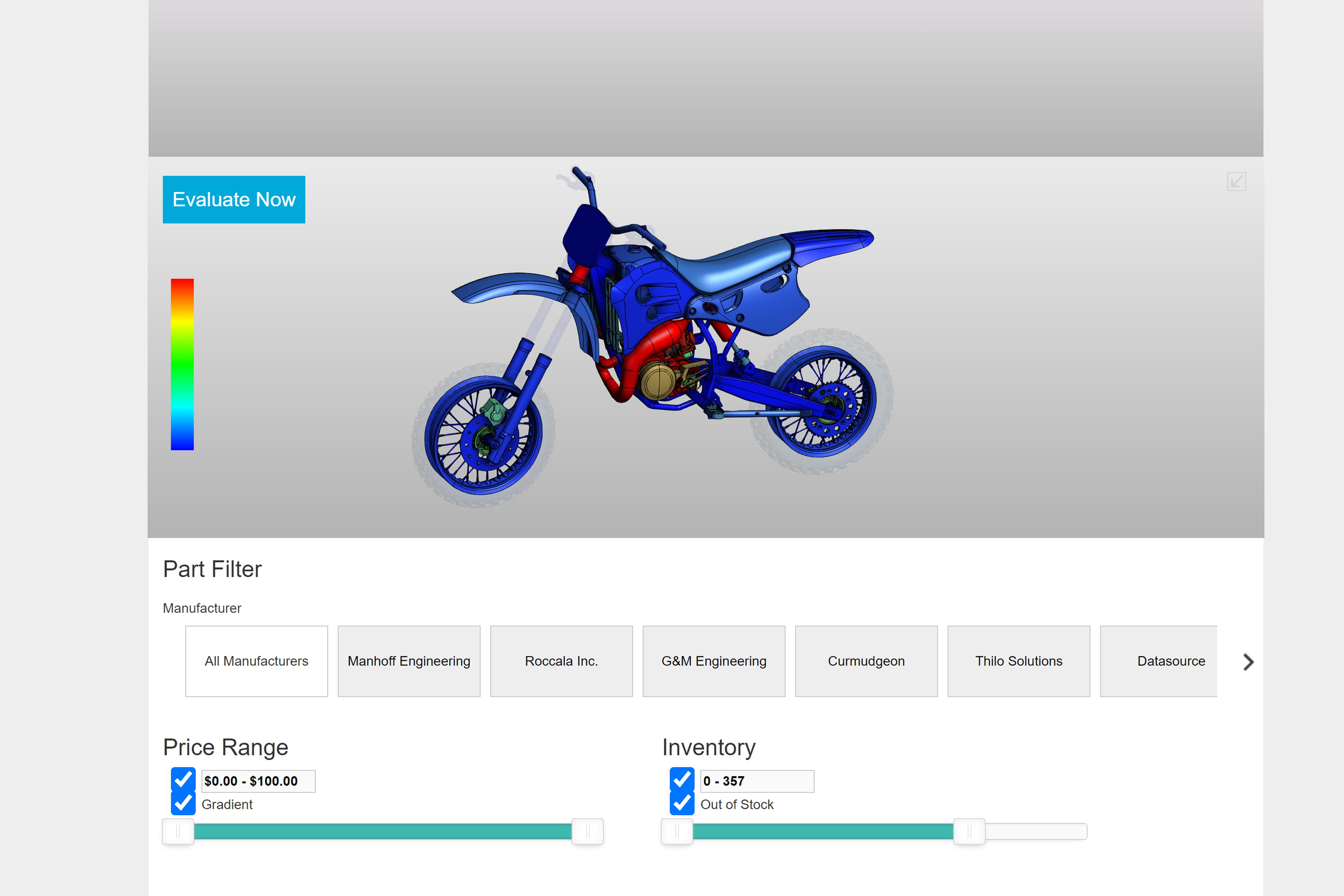 Manufacturing demo application screenshot of a blue motorcycle with price range and part inventory