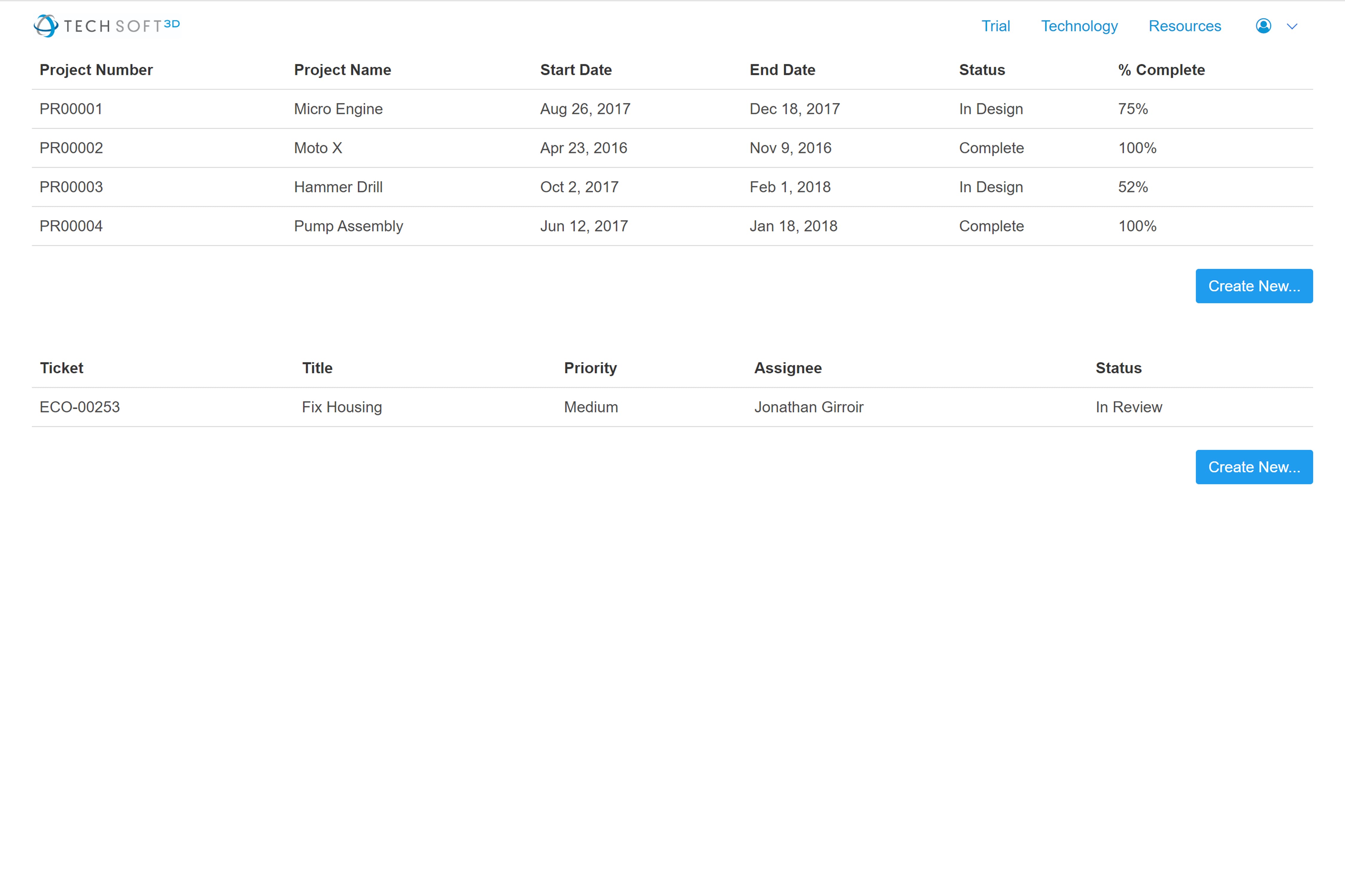 Screenshot of a PLM system with multiple projects and tickets