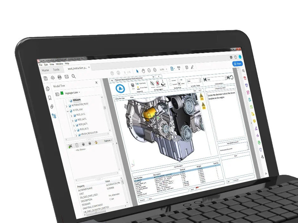 Laptop screen displaying a 3D PDF with a detailed engine model and various toolbars visible.