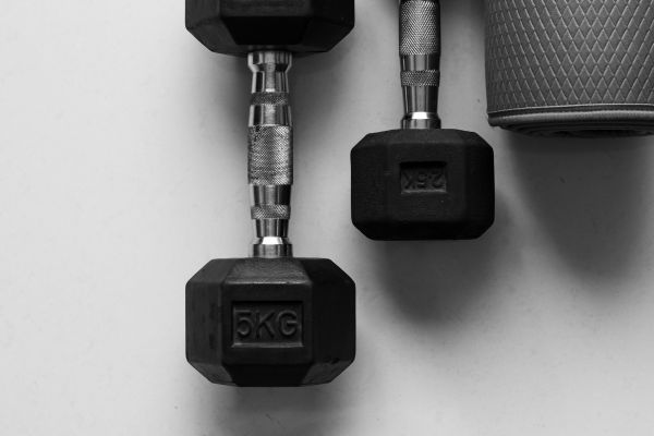 A rack of dumbbells in a gym