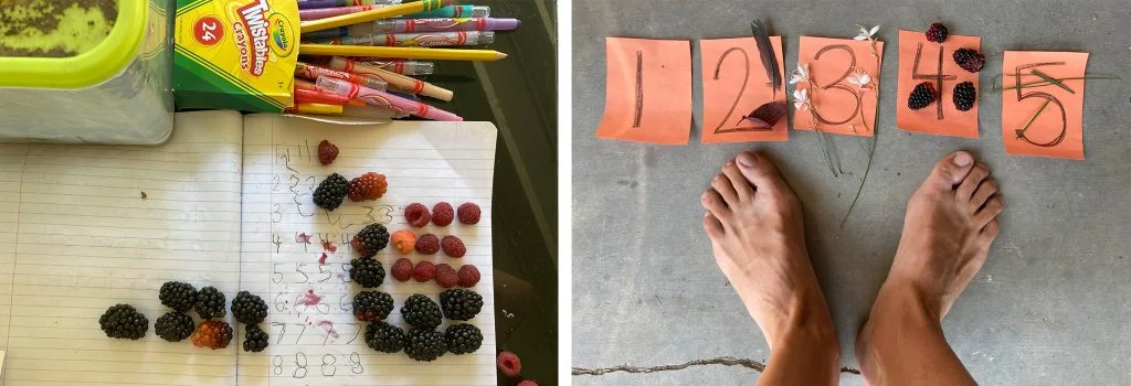 Left: A notebook page with numbers written and berries placed in groups next to each number. Right: Bare feet near orange cards labeled 1–5, each with corresponding items (berries, leaves, flowers) placed above each number.