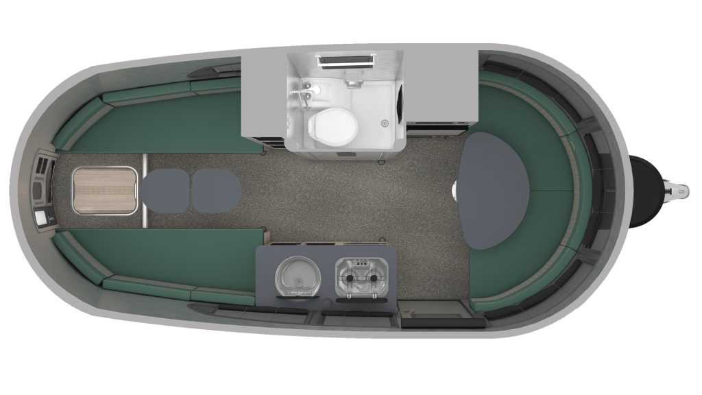 Top view of a compact camper interior layout featuring seating, kitchenette, bathroom with shower, and rounded sofa area.