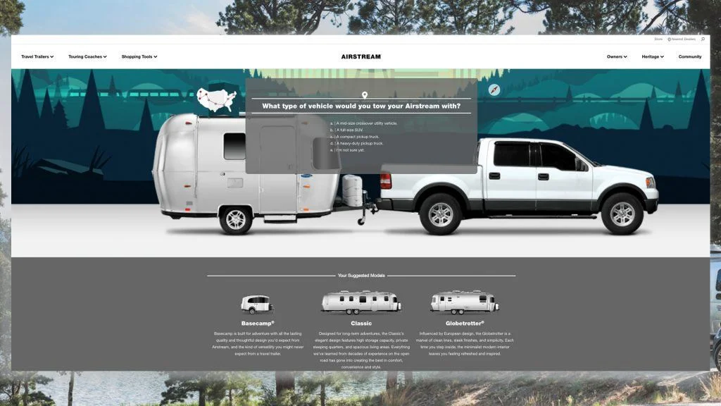A white pickup truck towing a silver Airstream travel trailer is shown on a website, with a question displayed: “What type of vehicle would you tow your Airstream with?” and suggested trailer models underneath.