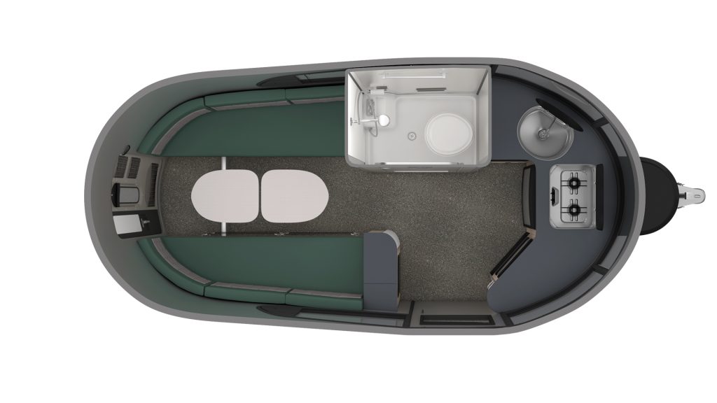 Top view of a compact camper interior with a small kitchen, seating area, and bathroom. Efficiently arranged in an oval-shaped layout.