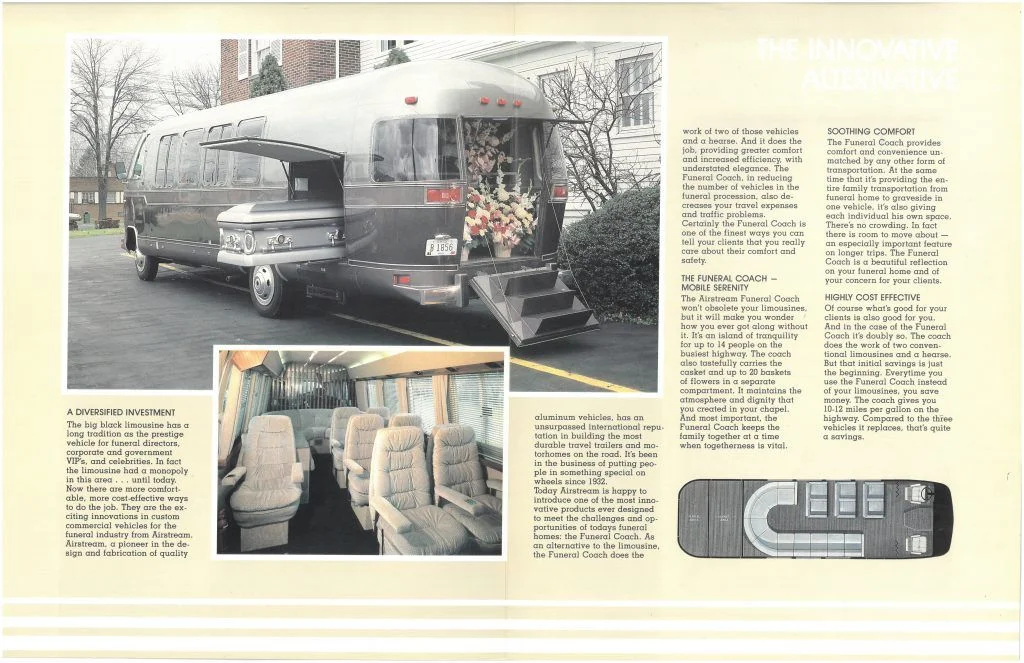 Vintage brochure showing a silver retro-style motorhome. Interior features plush seating. Floor plan included. Text highlights its luxurious design.