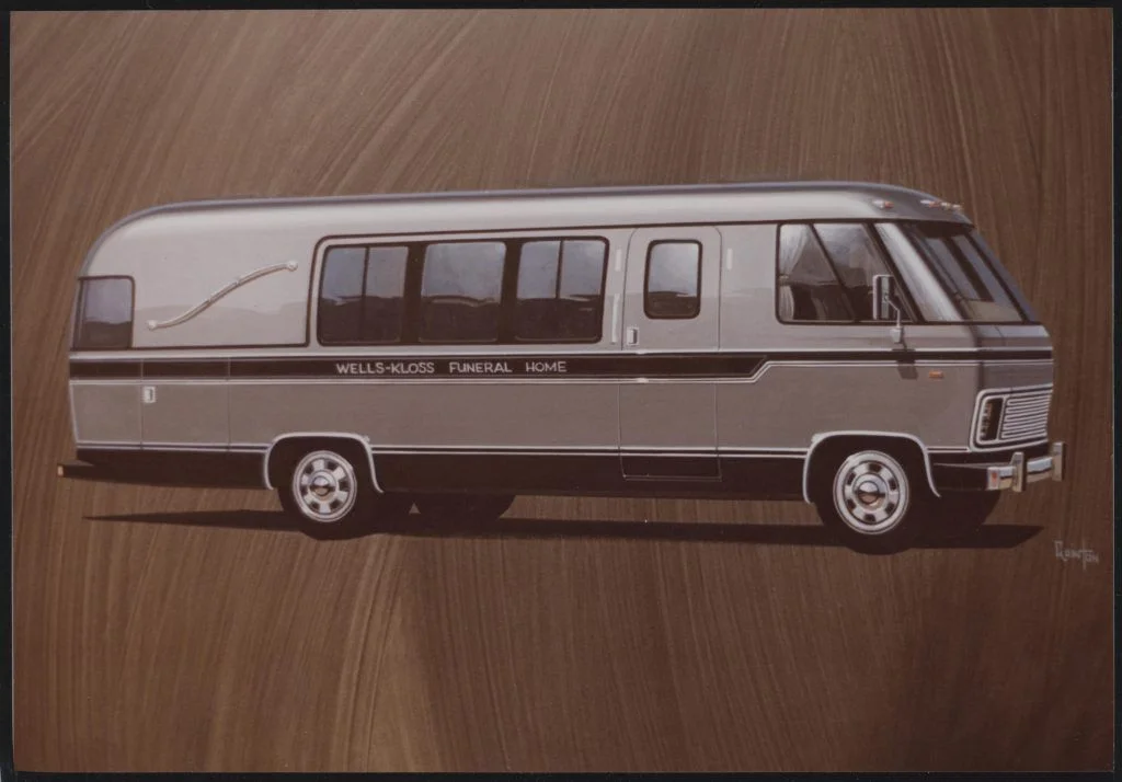 Illustration of a silver, vintage-style bus labeled "Wells-Kloss Funeral Home" on a wood-textured background.