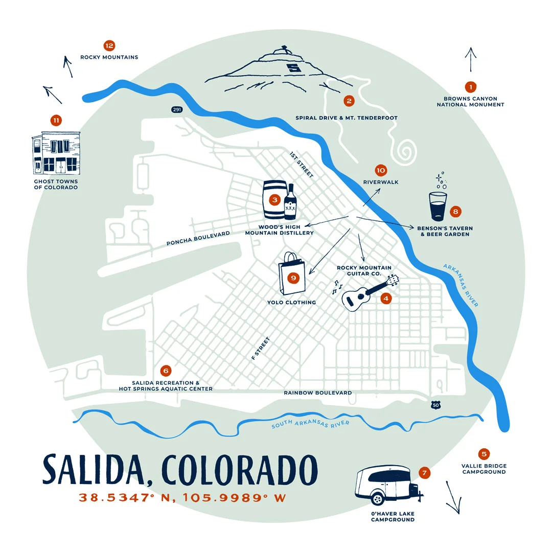 Illustrated map of Salida, Colorado, highlighting local spots like Woods High Mountain Distillery, Yolo Clothing, the Arkansas River, nearby campgrounds, mountain ranges, and other attractions.