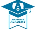 Logo of Airstream Academy with a blue graduation cap design, featuring an "A" resembling a trailer and the academy's name below.