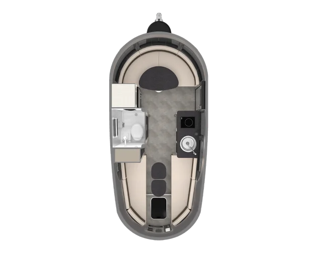 Top view of a compact RV interior layout with a seating area, kitchenette, and bathroom, designed efficiently in an oval shape.