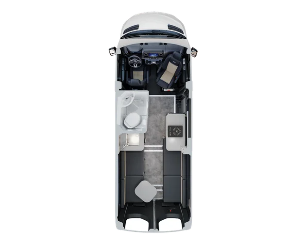 Top view of a compact camper van interior layout, featuring a driver's area, kitchen, bathroom, seating, and sleeping space.