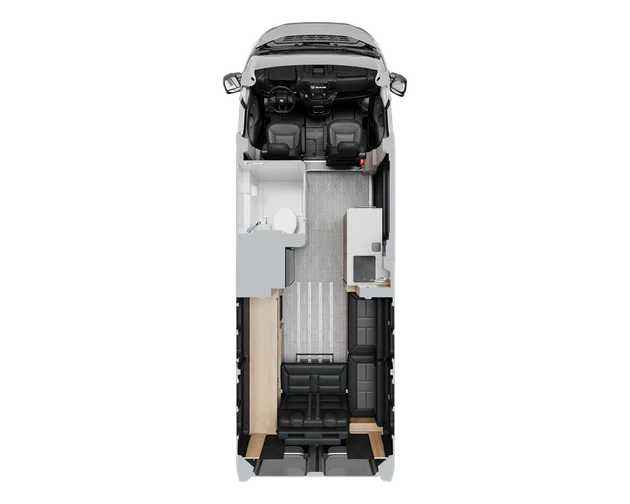 Top-down view of a camper van interior, showing driver and passenger seats, bathroom, kitchen area, and lounge seating in a compact layout.