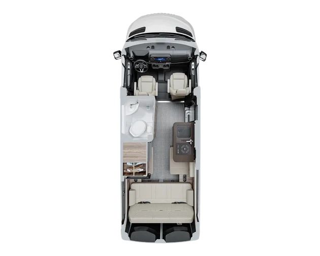 Top view of a camper van interior with two front seats, kitchenette, bathroom, and seating area with a sofa bed at the rear.