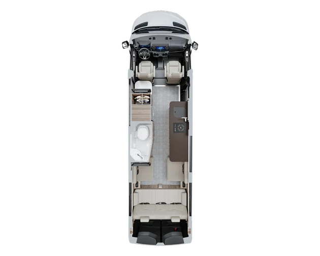 Interior layout of a camper van with driver seats, kitchenette, bathroom, and convertible seating area.