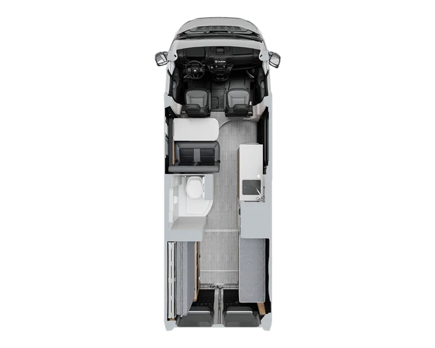 Top-down view of a compact RV interior layout with driver seats, sofa, table, kitchenette, bathroom, and sleeping area.