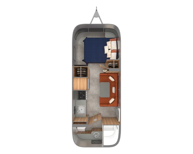 Overhead view of a compact camper interior layout with bed, sofa, kitchenette, and storage.