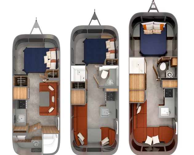 Three top-view layouts of different RV interiors, each featuring a bed, kitchen, bathroom, and seating area with various configurations.
