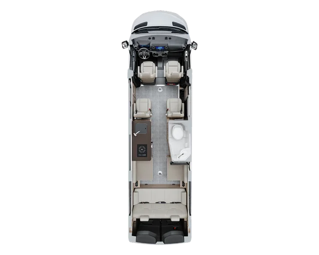 Top view of a compact camper van interior layout, showing seating, kitchen, bathroom, and sleeping area arrangements.