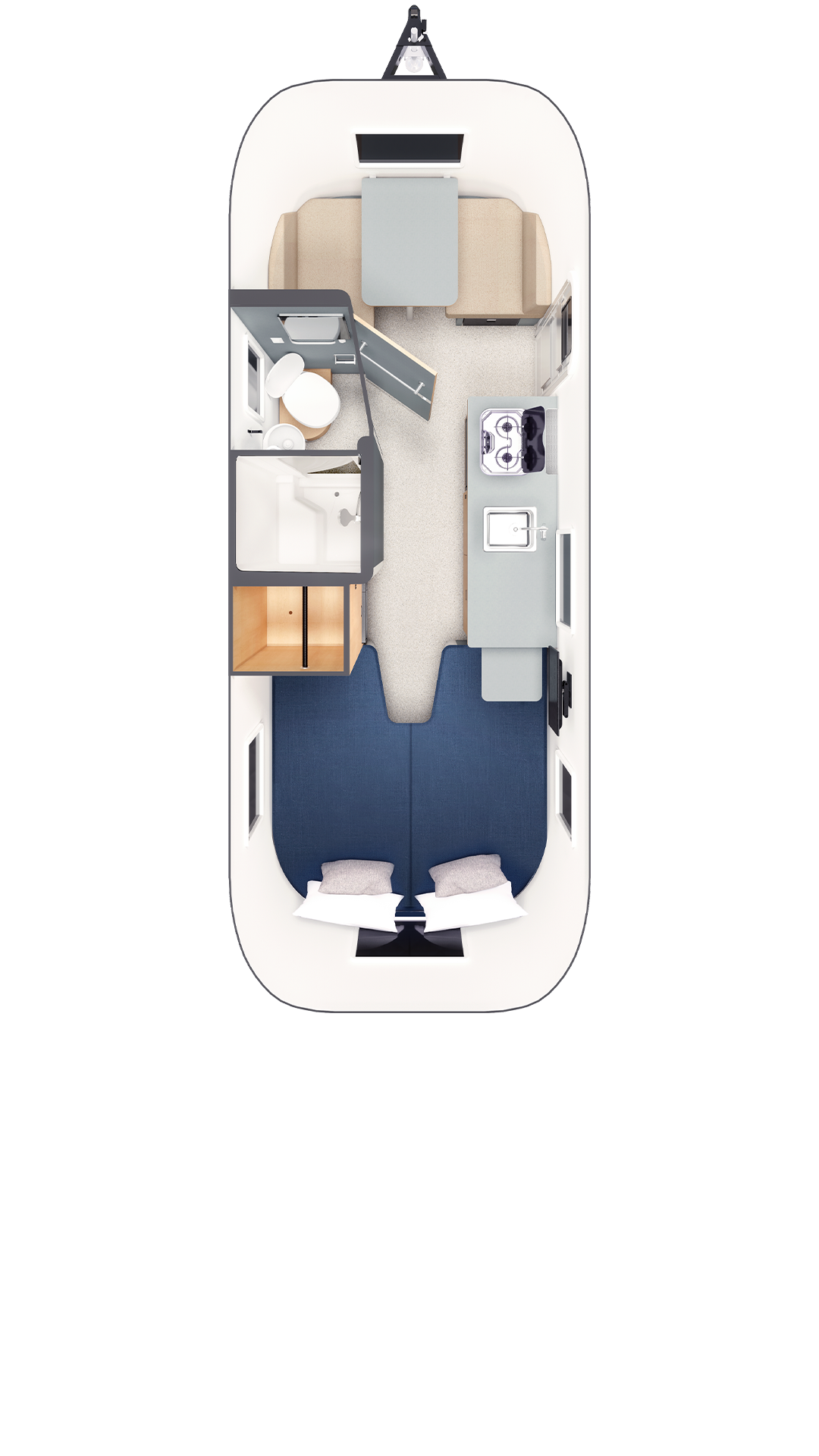 2027 Airstream World Traveler 22RB floor plan diagram — Rear Bedroom, sleeps 4