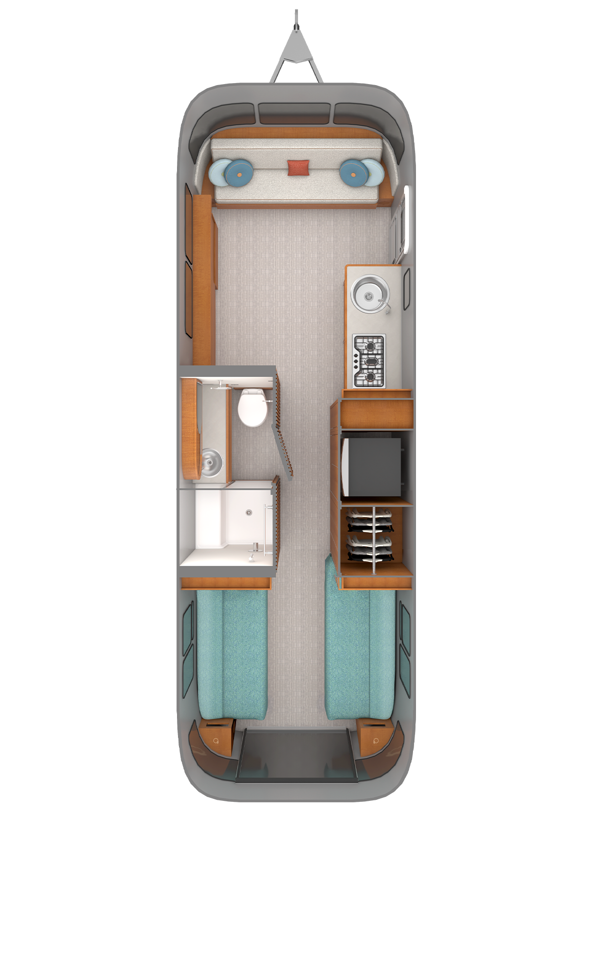 2027 Airstream Frank Lloyd Wright Usonian Limited Edition 28RB floor plan diagram — Rear Bedroom, sleeps 4
