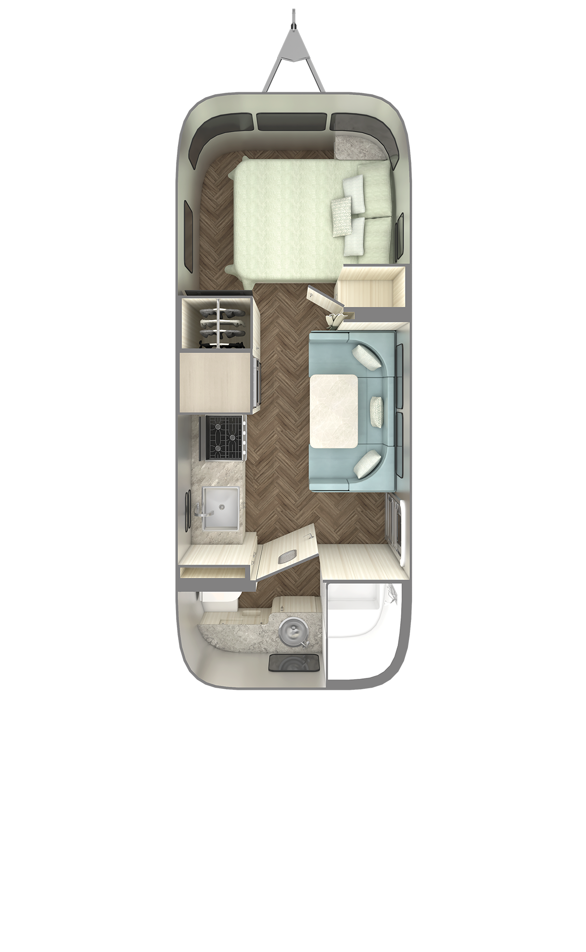 2027 Airstream International 23FB floor plan diagram — Front Bedroom, sleeps 4
