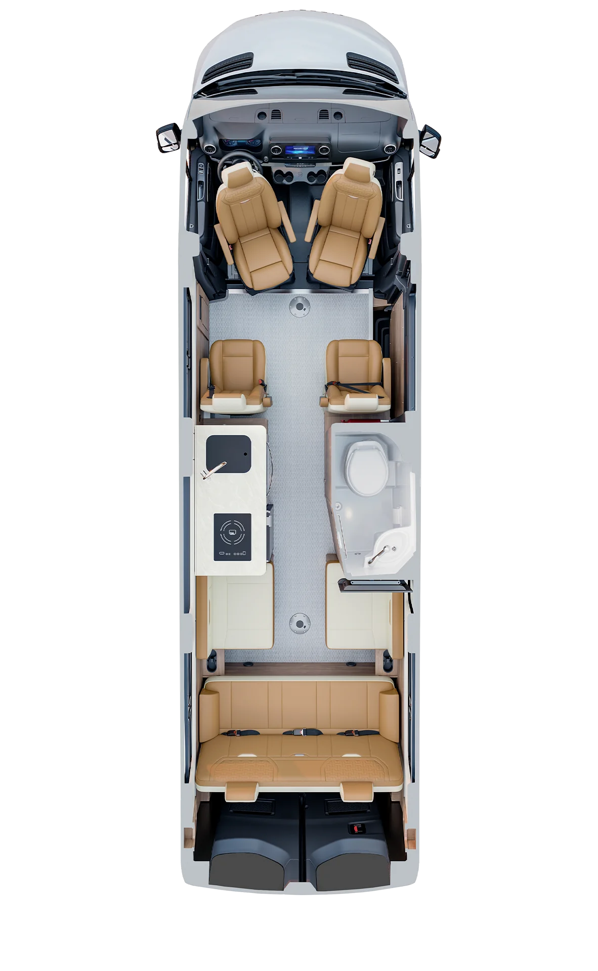Top view of a luxury van interior with beige seating, kitchenette, sink, table, and restroom.