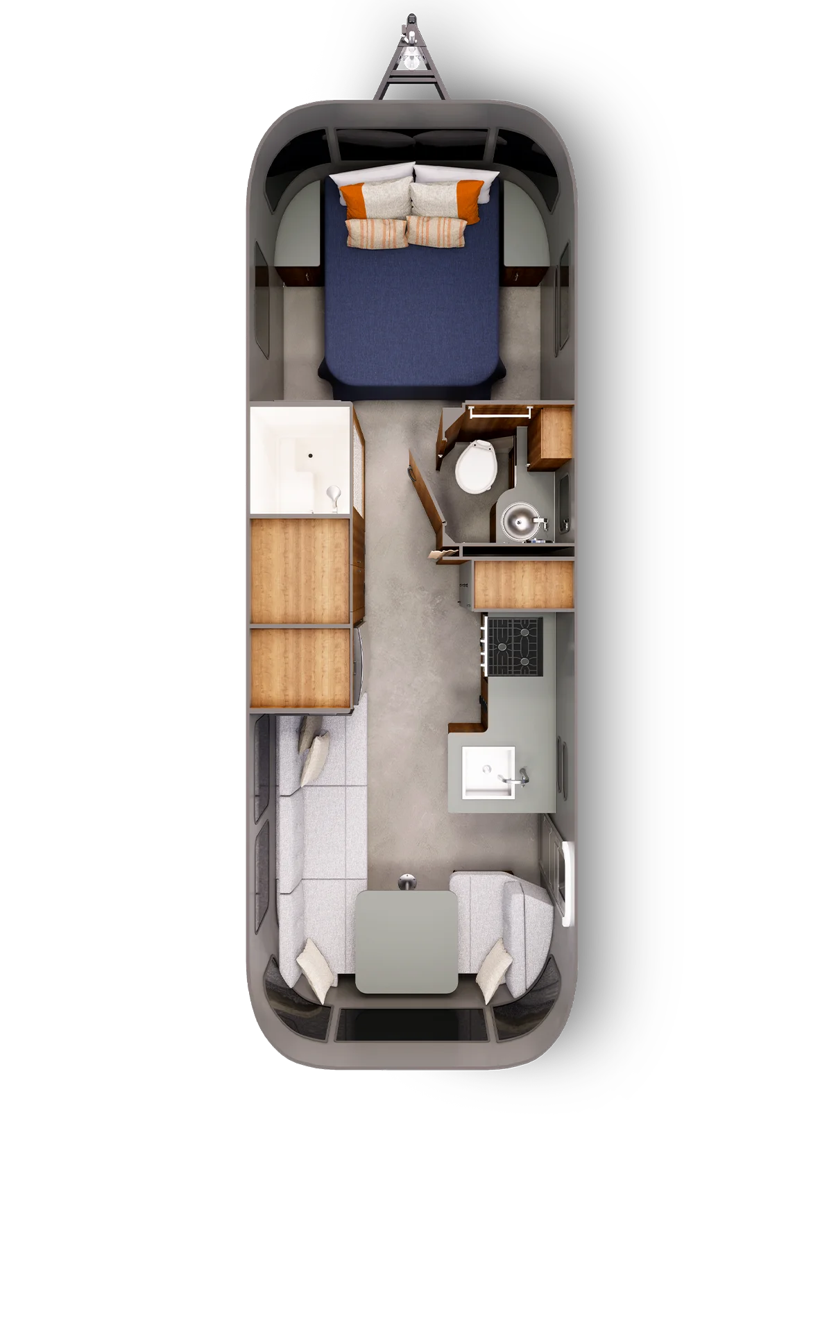 Top view of a compact camper interior with a bed, kitchen, bathroom, living area, and storage. Modern design with efficient space usage.