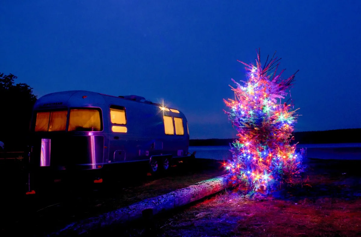 A camper with lit windows is parked next to a small tree decorated with colorful lights, set against a twilight sky and a distant lake.