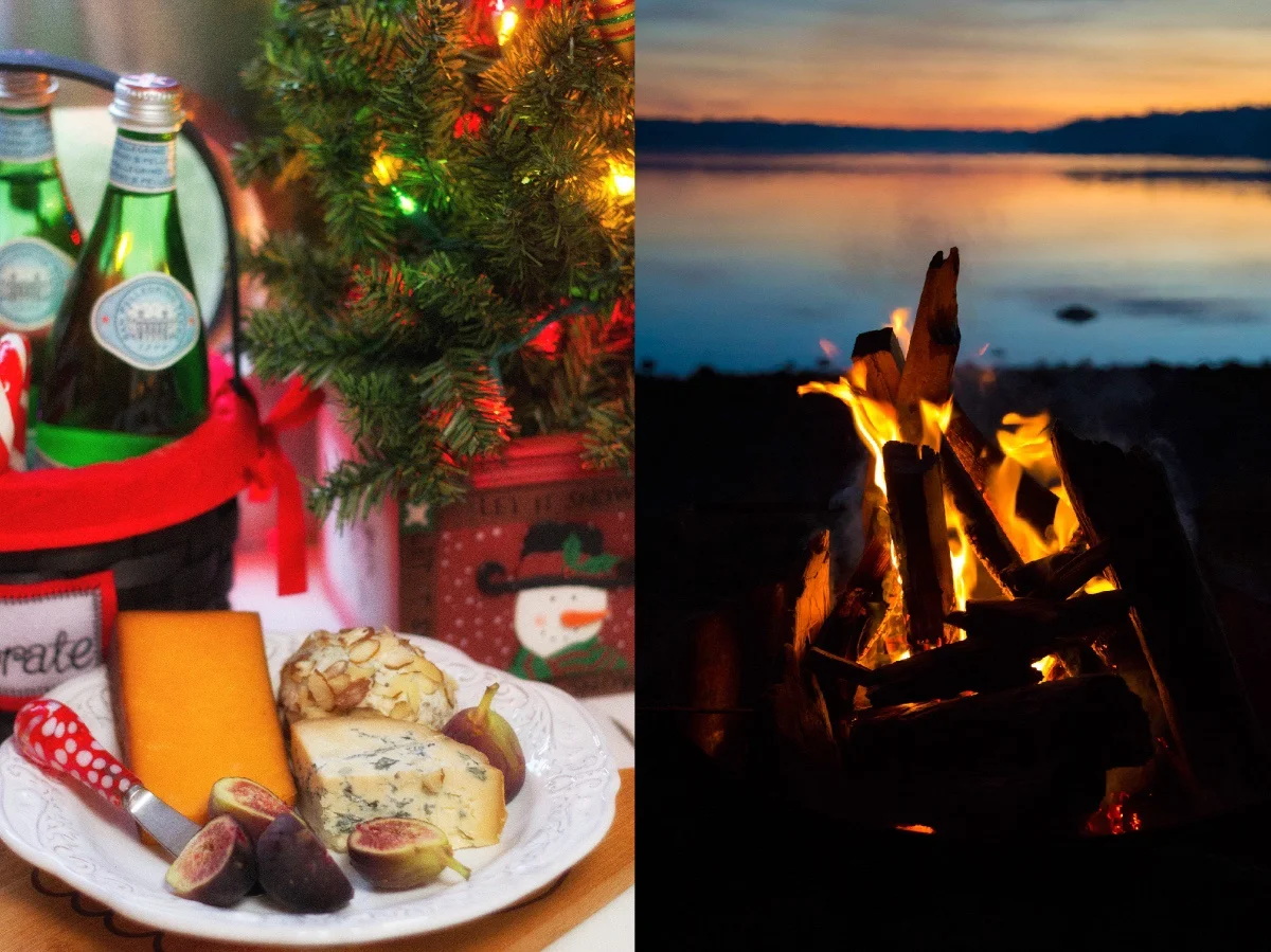 Holiday cheese platter with figs and sparkling water beside a decorated Christmas tree; bonfire glowing by a lake at sunset.