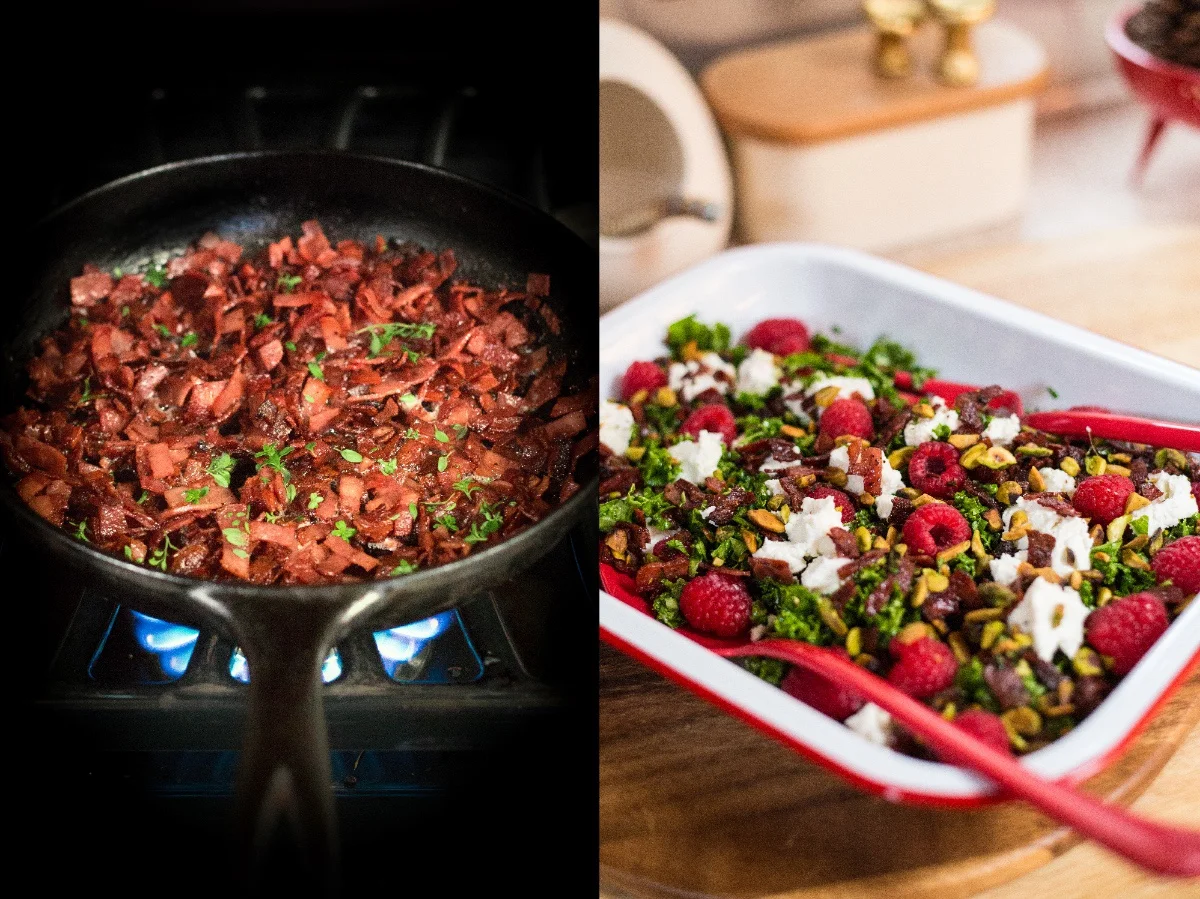 Left: Sautéed meat with herbs in a pan over a flame. Right: Salad with raspberries, cheese, nuts, and greens in a dish.
