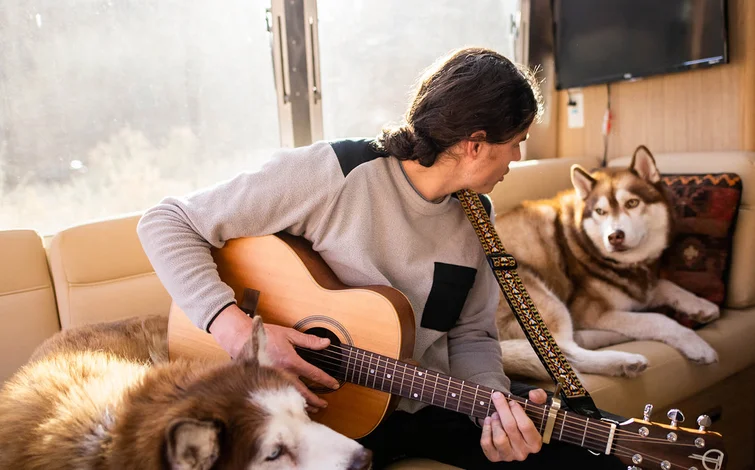 A person with long hair plays an acoustic guitar while sitting on a beige couch in an RV, accompanied by two large, fluffy dogs lounging beside them. Sunlight streams in through the window.