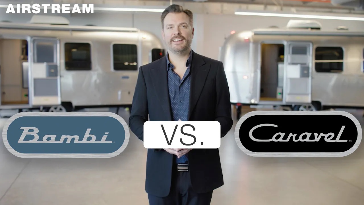 Man in a suit stands between Bambi and Caravel logos, with two Airstream trailers in the background.