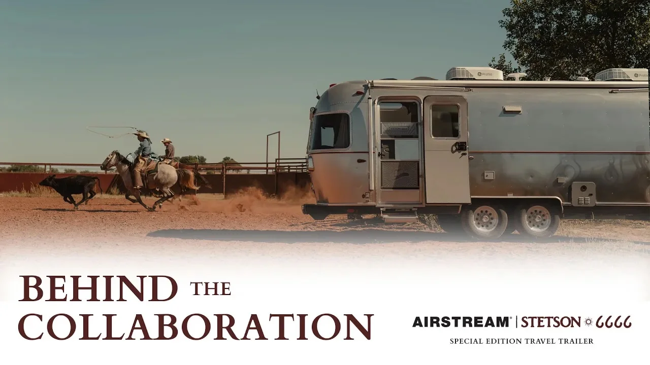 Airstream travel trailer beside cowboys on horseback lassoing cattle. Text: "Behind the Collaboration." Brands: Airstream, Stetson, 6666.