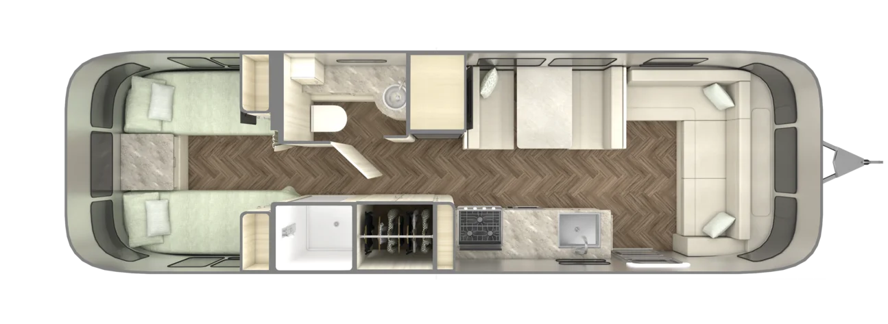 Floor plan of a camper van with two beds, kitchenette, bathroom, and seating area. Wood-like flooring and light-colored interiors.