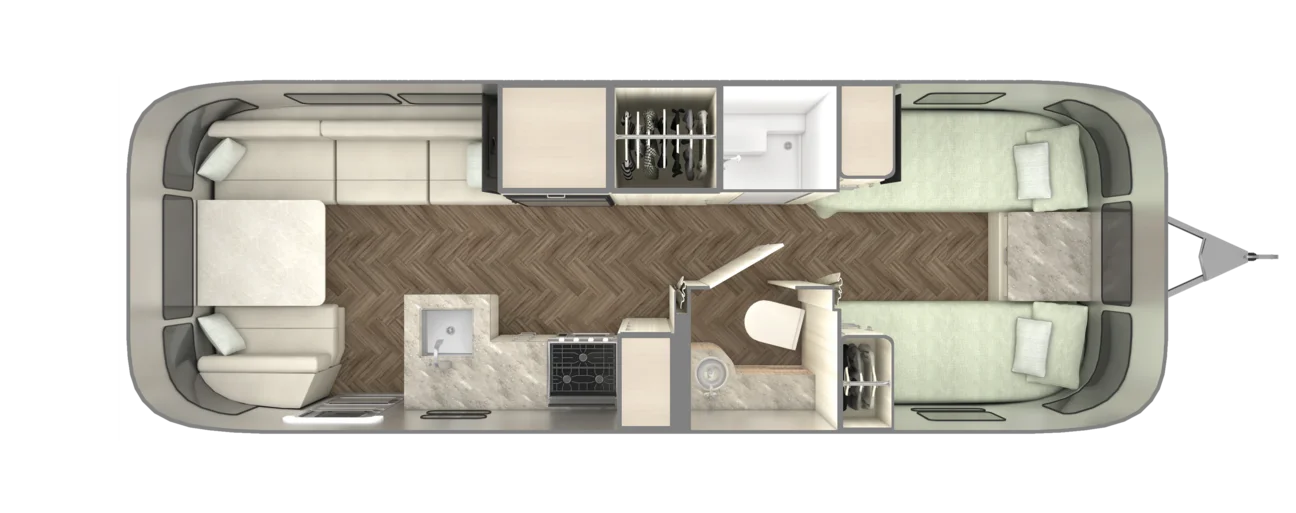 Top view of a camper trailer layout showing a living area, kitchen, bathroom, and sleeping spaces with twin beds, in a compact design.