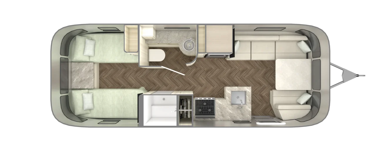 Camper trailer floor plan with a seating area, kitchen, two beds, bathroom, and wood-textured flooring.