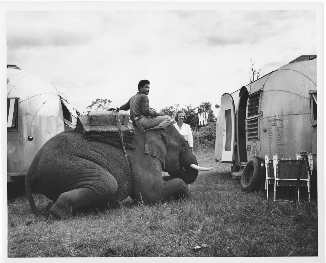 A man sits on a kneeling elephant between two shiny, rounded trailers in a grassy area. Another person stands nearby, and camping equipment is visible beside one trailer under a cloudy sky.