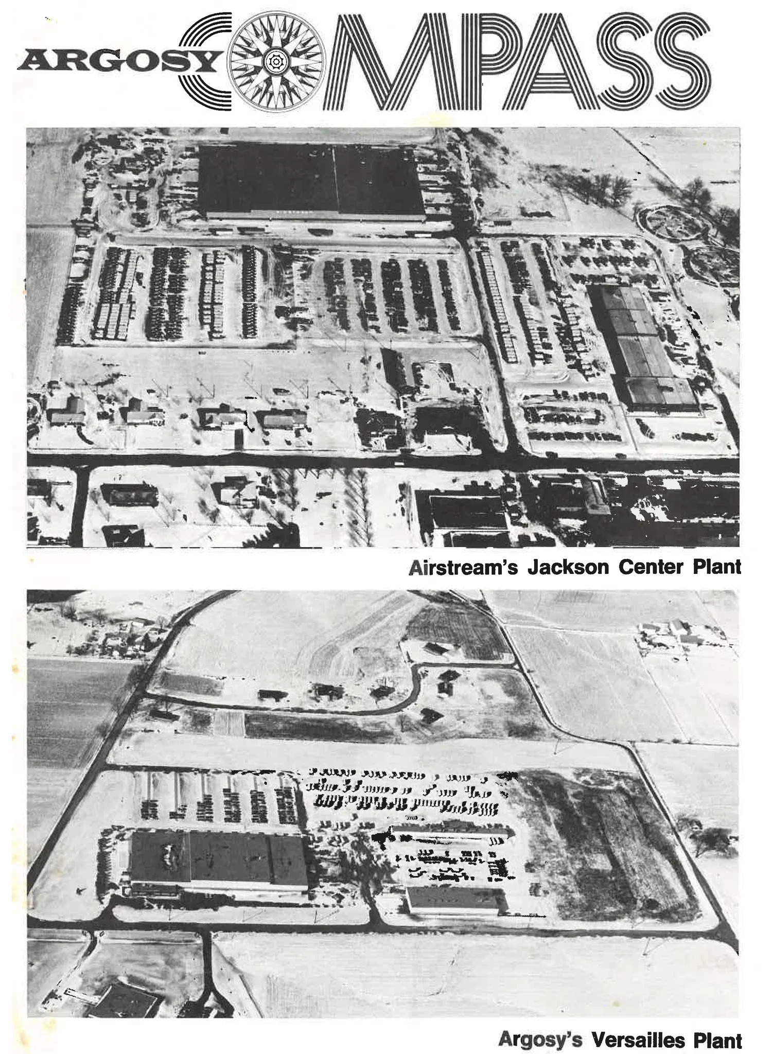 Two black-and-white aerial photos show large manufacturing plants with parking lots; the top is labeled “Airstream’s Jackson Center Plant,” and the bottom is labeled “Argosy’s Versailles Plant.” Argosy Compass magazine title is at top.