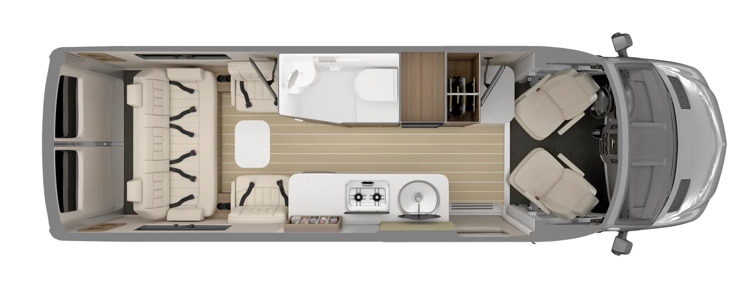 Top-down view of an RV interior with seating, kitchenette, bathroom, and driver seats, displaying a compact and organized layout.
